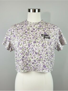 Teddy Fresh Womens Purple Floral Cropped T-Shirt XS Embroidered Logo Raw Hem